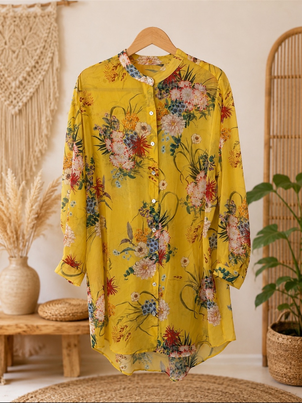 Karen Kane Yellow Floral Button-Down Tunic Boho Blouse Size L Fall Floral Flowy